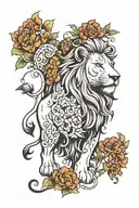 one black and white lion with minimal coloured flowers and vines going down and thinning out   tattoo design idea