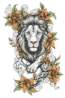 one black and white lion with minimal coloured flowers and vines going down and thinning out   tattoo design idea