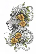 black and white lion with minimal coloured flowers and vines around it.  tattoo design idea