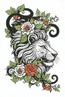 black and white lion with minimal coloured flowers and green vines around it.  tattoo design idea