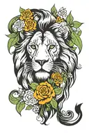 black and white lion with minimal coloured flowers and green vines around it.  tattoo design idea