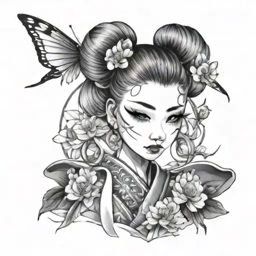 make a tattoo sketch with fairy ding ding in japanese style, ding ding has her hair in a bun, dressed in a kimono tattoo design idea