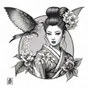 make a tattoo sketch with fairy ding ding in japanese style, ding ding has her hair in a bun, dressed in a kimono tattoo design idea