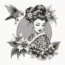 make a tattoo sketch with fairy ding ding in japanese style, ding ding has her hair in a bun, dressed in a kimono tattoo design idea