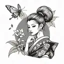 make a tattoo sketch with fairy ding ding in japanese style, ding ding has her hair in a bun, dressed in a kimono tattoo design idea