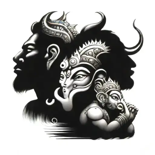 god shankar and shree ganesh and hanuman ji face half tattoo design idea