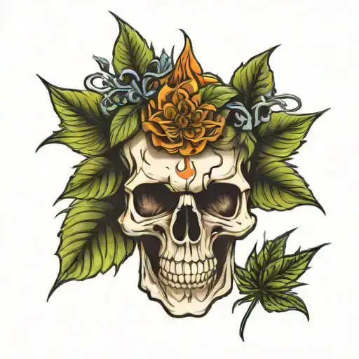 skull and weed leaf tattoo design idea