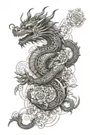 steampunk chinese dragon with small roses growing tattoo design idea