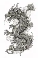 steampunk chinese dragon with small roses growing tattoo design idea
