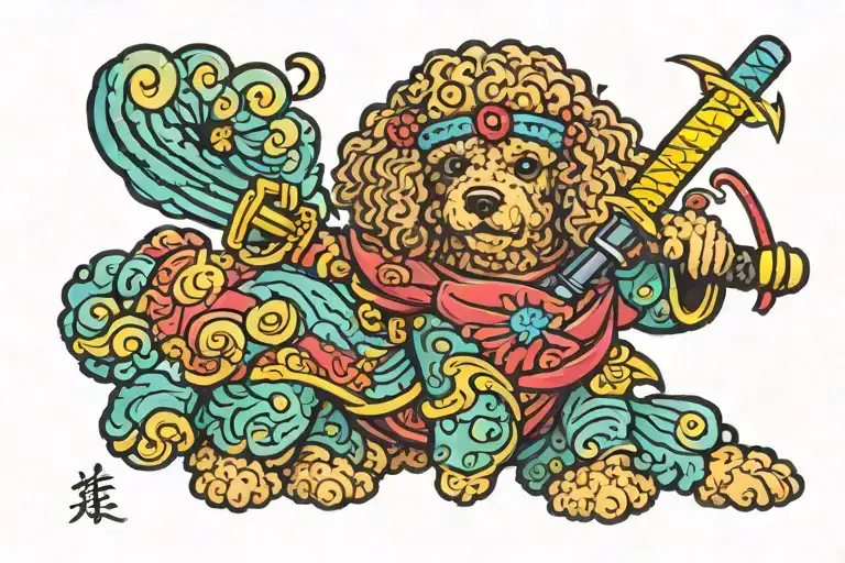 Cosmic colorful poodle dog adorned in a traditional Japanese kimono, wielding a katana sword tattoo design idea