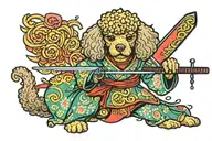 Cosmic colorful poodle dog adorned in a traditional Japanese kimono, wielding a katana sword tattoo design idea