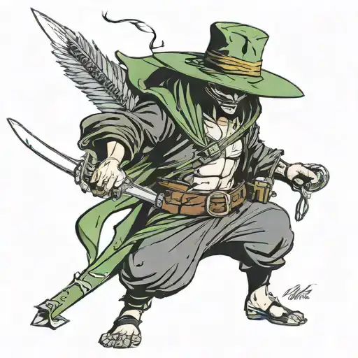 Zorro from One Piece with a raccoon face, wearing his signature green bandana and wielding three swords tattoo design idea