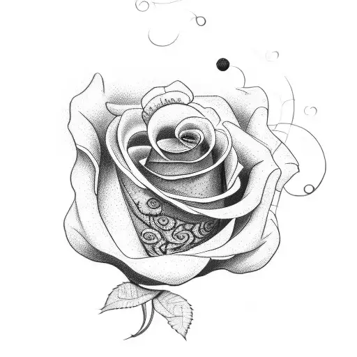 A dotwork tattoo of a rose with the word 'gratitude' written in elegant script tattoo design idea
