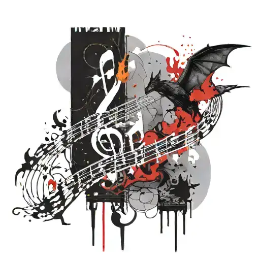 cloudy flames music note intertwined small bats flying moonlit scene  tattoo design idea