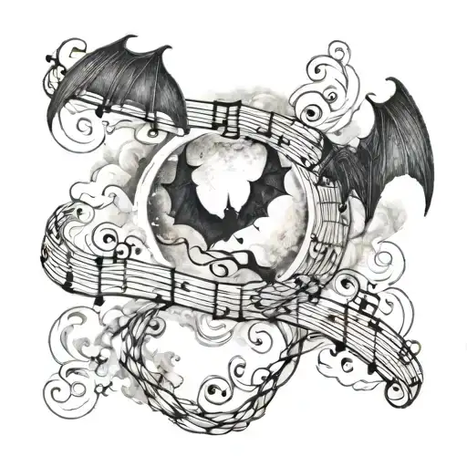 cloudy flames music note intertwined small bats flying moonlit scene  tattoo design idea