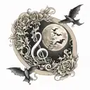 heavenly cloudy flames music note intertwined small bats flying moonlit scene  tattoo design idea