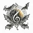 heavenly cloudy flames music note intertwined small bats flying moonlit scene  tattoo design idea