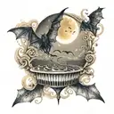 heavenly cloudy flames music note intertwined small bats flying moonlit scene  tattoo design idea