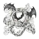 cloudy flames music note intertwined small bats flying moonlit scene  tattoo design idea