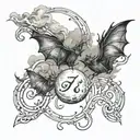 cloudy flames music note intertwined small bats flying moonlit scene  tattoo design idea