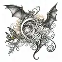 cloudy flames music note intertwined small bats flying moonlit scene  tattoo design idea