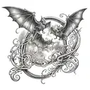 cloudy flames music note intertwined small bats flying moonlit scene  tattoo design idea