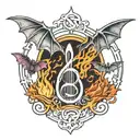 cloudy flames music note intertwined small bats flying moonlit scene  tattoo design idea