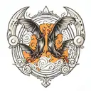 cloudy flames music note intertwined small bats flying moonlit scene  tattoo design idea