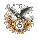 cloudy flames music note intertwined small bats flying moonlit scene  tattoo design idea