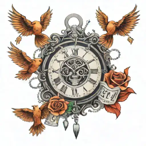 Bible verse on paper with thorns around 3d face under chains or falling cards  with clock on top with some filler  Doves tattoo design idea