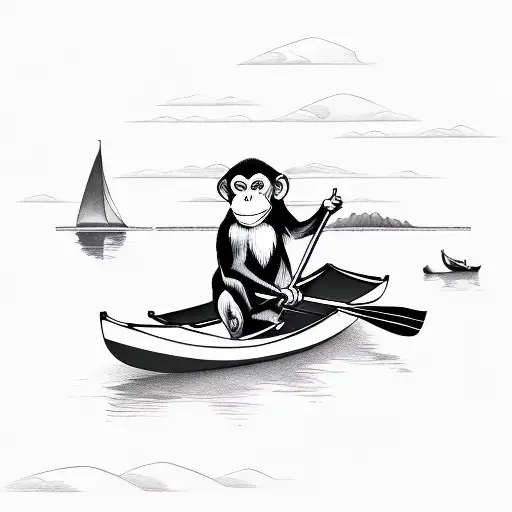 monkey paddling rowboat while sitting from side perspective, monkey is focused on rowing tattoo design idea