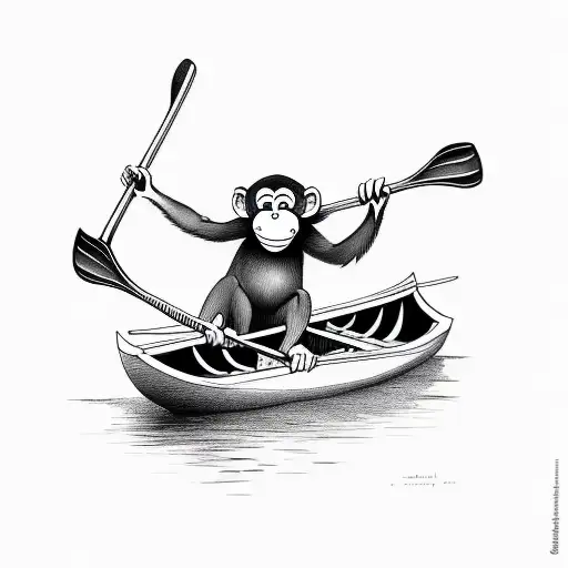 monkey paddling rowboat while sitting from side perspective tattoo design idea
