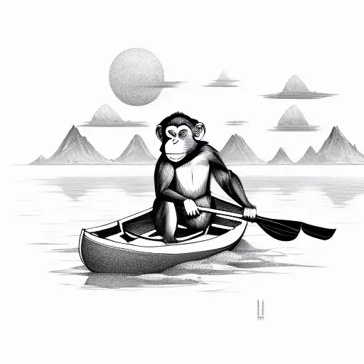 sad monkey paddling rowboat while sitting from side perspective tattoo design idea