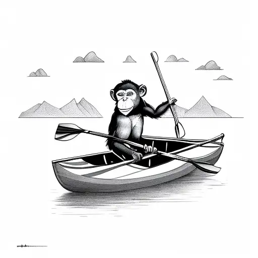 sad monkey paddling rowboat while sitting from side perspective tattoo design idea