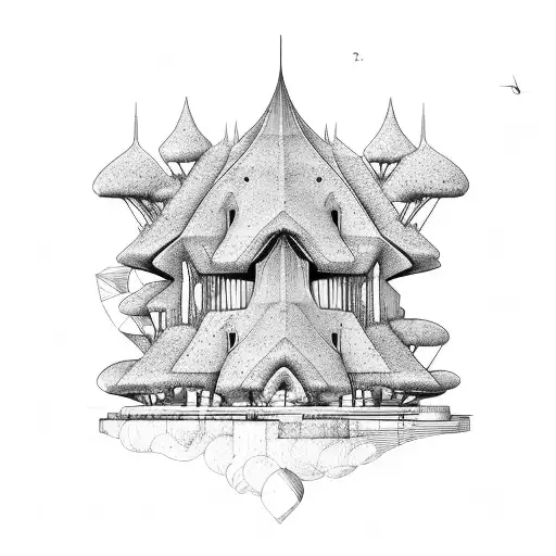 Sketching a Nordic-inspired architectural structure surrounded by nature tattoo design idea