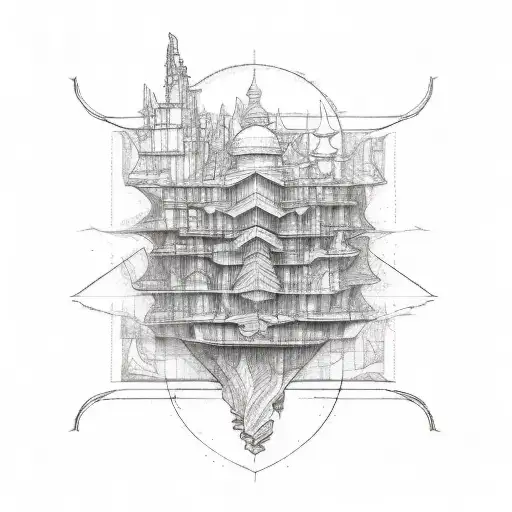 Sketch-style tattoo of an architectural blueprint incorporating elements of the ocean tattoo design idea