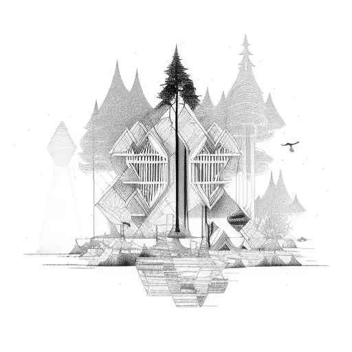 Sketching a Nordic-inspired architectural structure surrounded by nature tattoo design idea