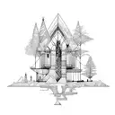 Sketching a Nordic-inspired architectural structure surrounded by nature tattoo design idea