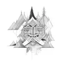 Sketching a Nordic-inspired architectural structure surrounded by nature tattoo design idea