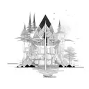 Sketching a Nordic-inspired architectural structure surrounded by nature tattoo design idea