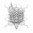 Sketch-style tattoo of an architectural blueprint incorporating elements of the ocean tattoo design idea