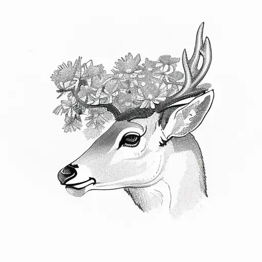 A deer peacefully grazing in a field of blooming flowers with a book of psychology theories resting beside it tattoo design idea