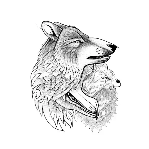 A wolf and a raven engaged in a poetic battle of words, with intricate blackwork designs framing the scene tattoo design idea