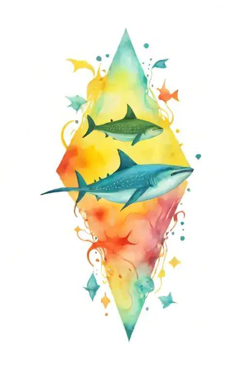 underwater scene, colourful fish and whale shark, diamond shape in centre everything in diamond in colour, outside black tattoo design idea