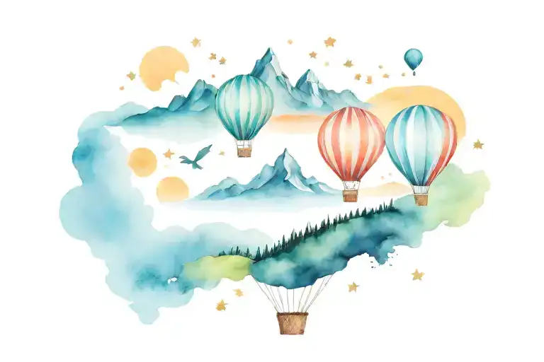 map unfolding, landscape mountains beach sunset, hot air balloon, stars  tattoo design idea