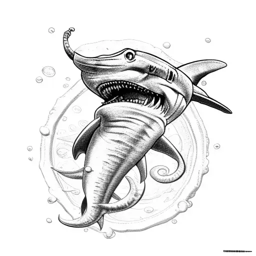 Hammerhead shark on top of the poseidon's head, with seabed realistic tattoo tattoo design idea