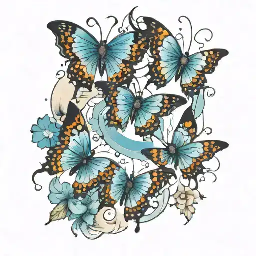 have 5 butterflies of different sizes plus they have blue color and have a sun with moon for the ribs tattoo design idea