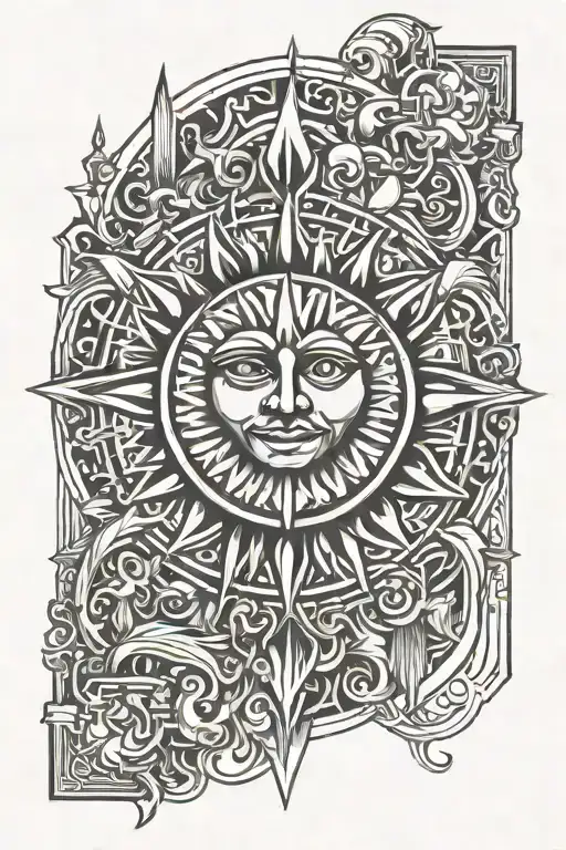 Sun Ornament With Half Moon in the middle finger tattoo design idea