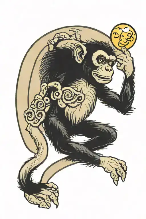 monkey with a crab with moon in background tattoo design idea