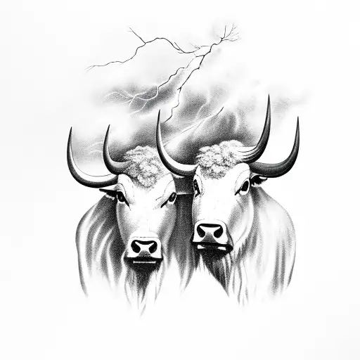  buffalos running into a wild, lightning storm while cows run away from the storm  tattoo design idea